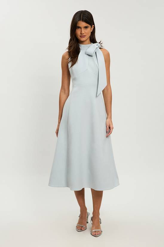 Women's Petite Compact Stretch Bow Tie Neck Full Skirted Midi Dress (Pale Blue)