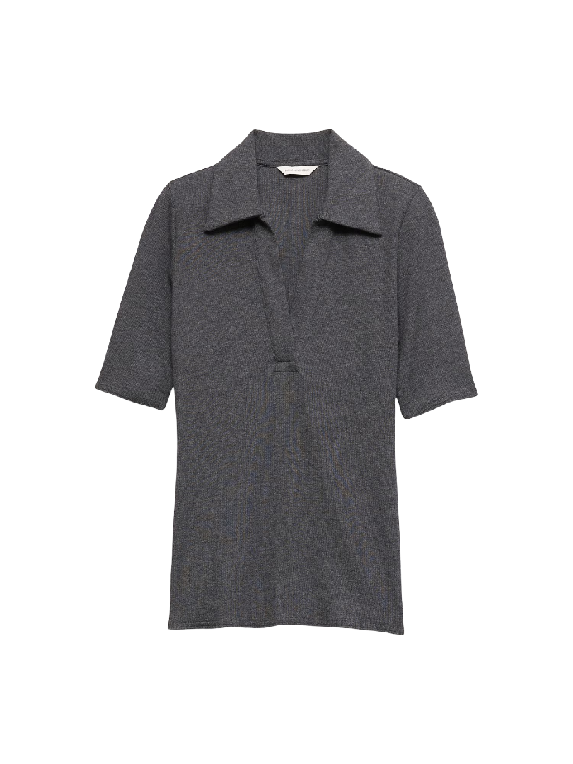 Ribbed Elbow-Sleeve Polo (Heather Charcoal Gray)