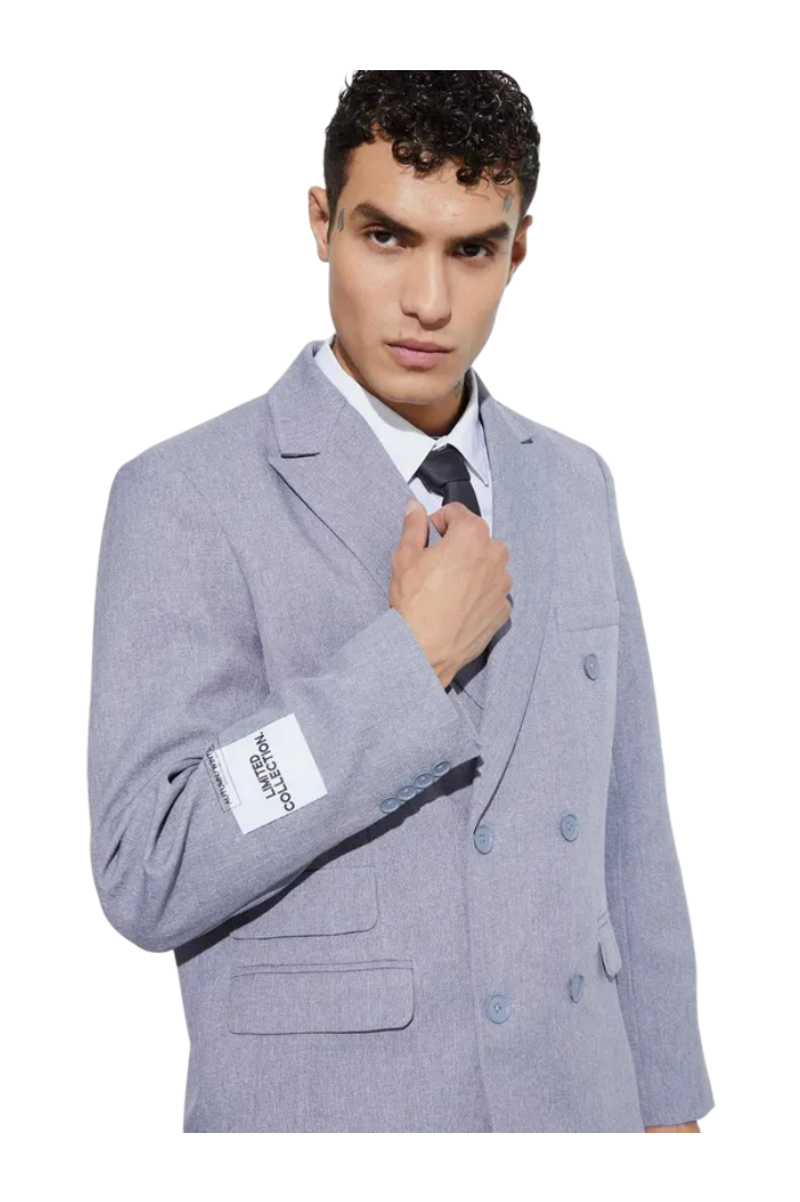 BoohooMan: Oversized Double Breasted Textured Blazer (Blue)