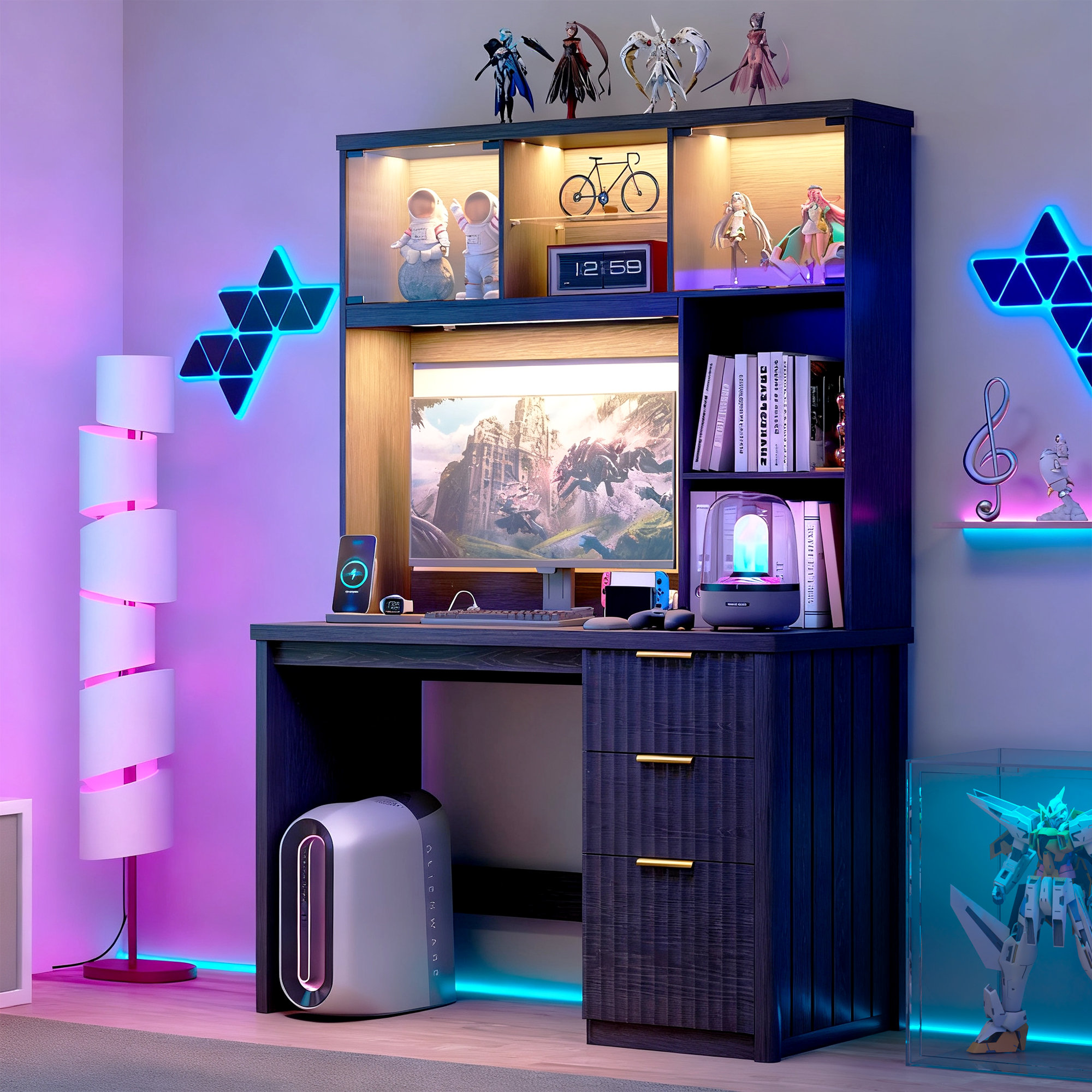 Home Office Desk With File Drawer, LED Lighting And Smart Sensor (Hutch With 3 Drawers)