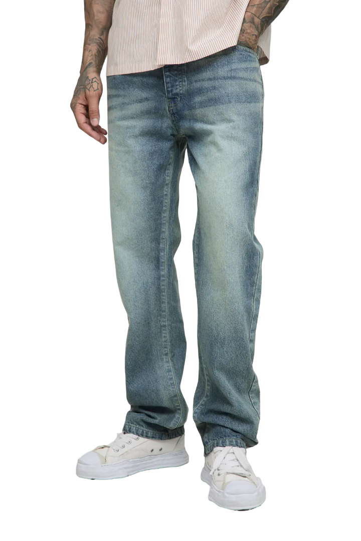Boohooman: Tall Straight Leg Extreme Washed Woven Tab Jeans (Blue)