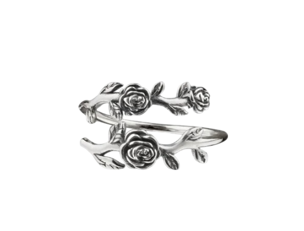 Silver Damask Rose Foliage Wrap Ring