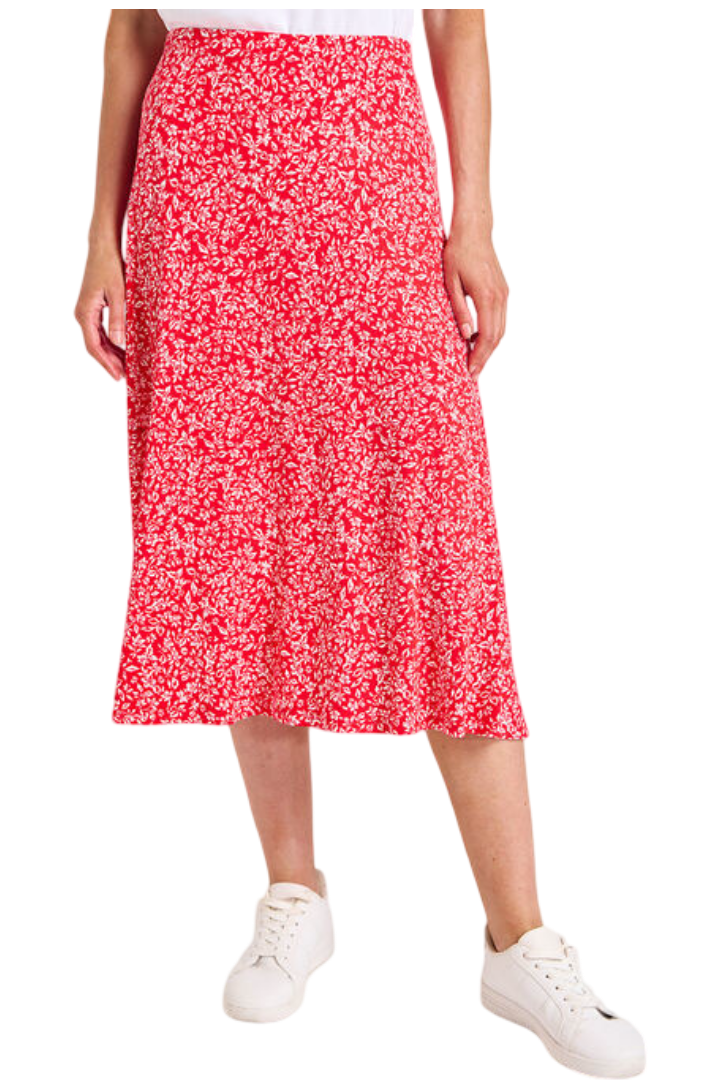 Ditsy Leaf Print Jersey Flippy Skirt (Red)