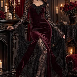 Women's Gothic Lace Sheath Dress (Claret Red)