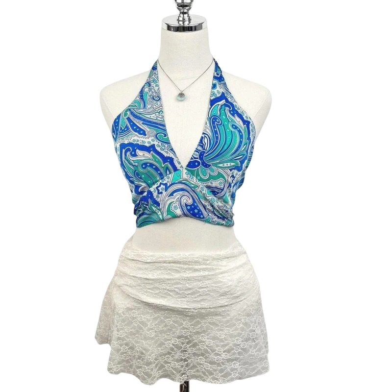 EYA Collection: 2000s Boho Reversible Silk Paisley Tie Halter Top (Blue)