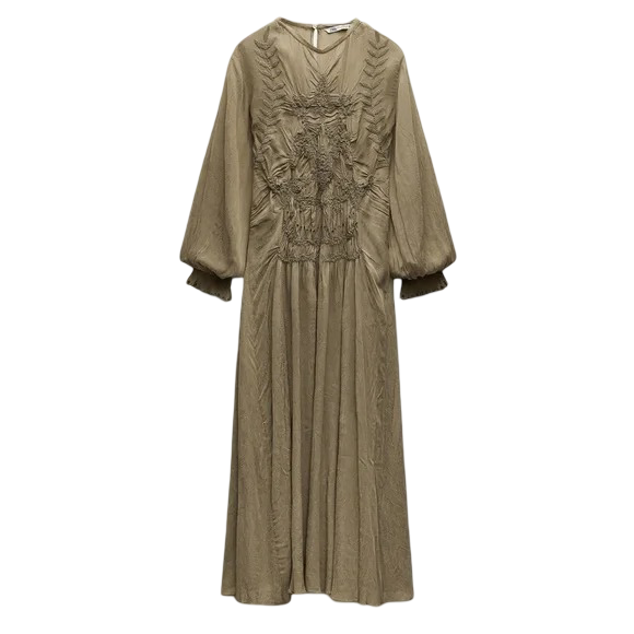 Zara: Women's Embroidered Jacquard Dress (Gray Green)