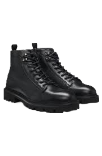 Grained-Leather Half Boots With Hiking-Style Laces (Black)