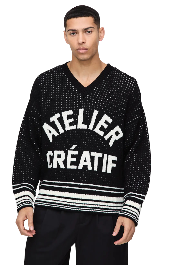 boohooMAN: Boxy Crochet Look Stripe V Neck Knitted Jumper (Black)