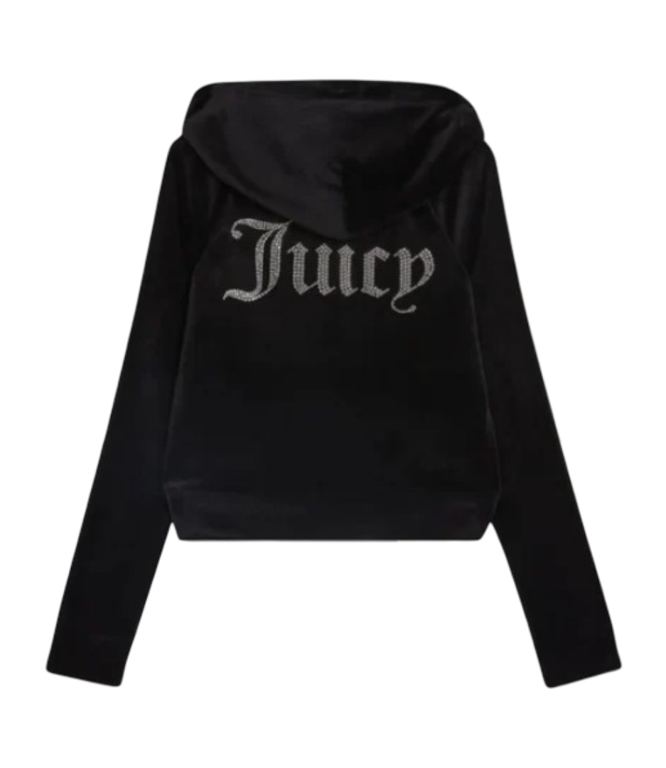 Diamante Velour Zip Through Hoodie (Black)