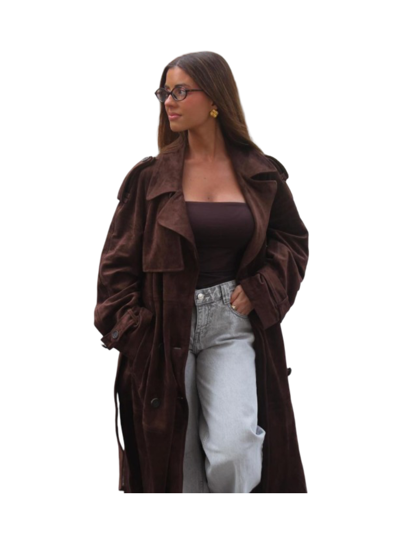 Faux Suede Trench Coat (Brown)