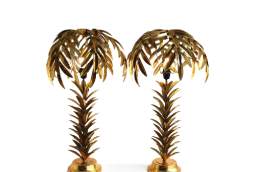 Hollywood Regency Pair Of Two Gilt Palm Lamps - Late-20th Century Vintage Palm Tree Lamps (Set of 2)