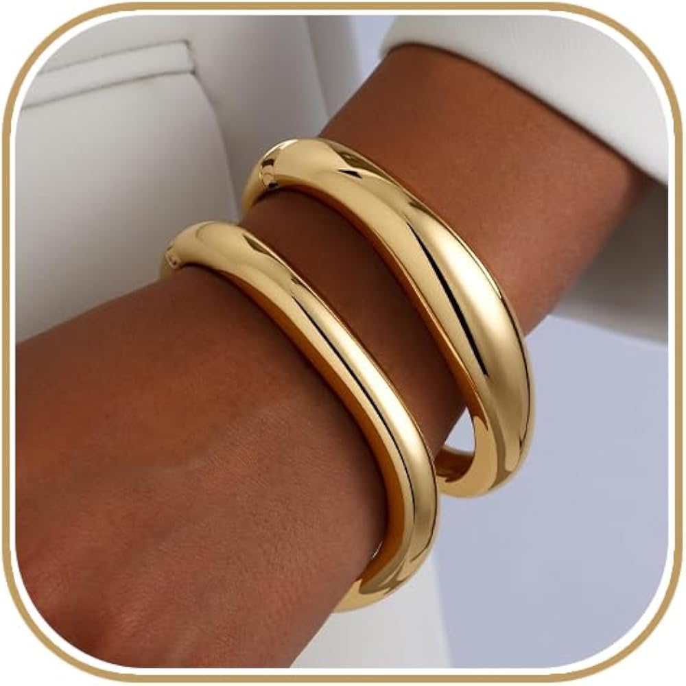 Women's 14K Gold Plated Chunky Hinged Arm Cuff Bangle Bracelets (Gold)