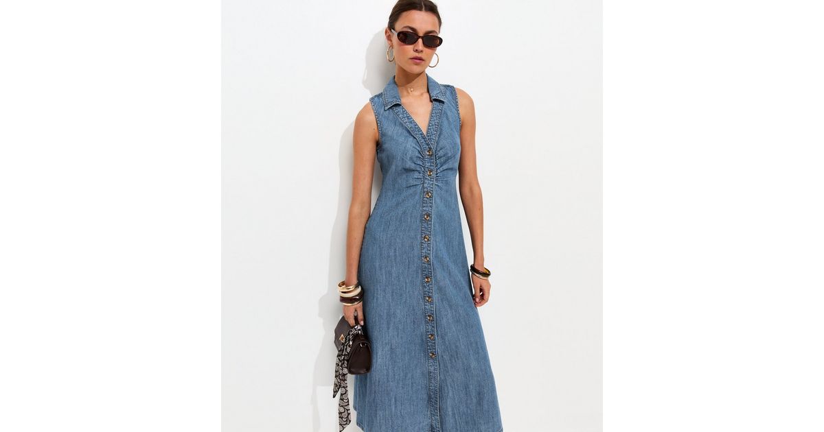Women's Rouched A-line Midi Dress (Mid Blue)