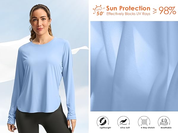 Women's Lightweight Long Sleeve Workout Top Quick Dry UPF 50+ Sun Shirt (Dusty Blue)