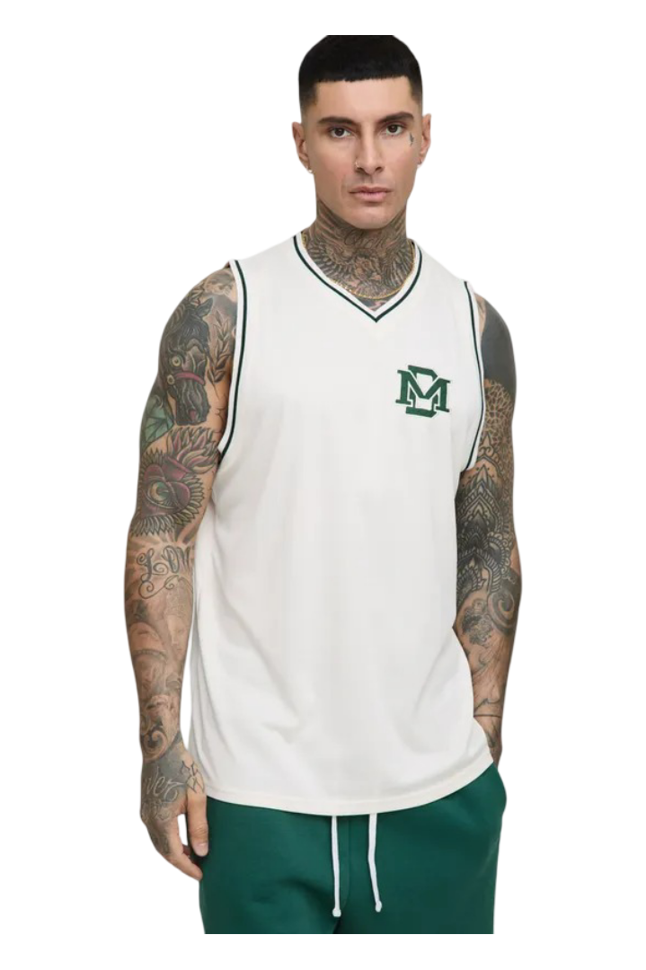 BoohooMan: Tall BM Embroidered Basketball Fit Airtex Vest (Ecru)