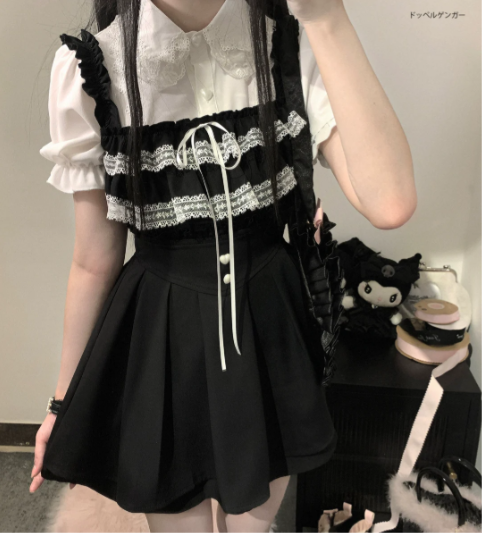 Jirai Kei: Sweet Lace Collar Short Sleeve Blouse (White)