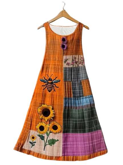 Women's Sunflower and Bee Print Sleeveless Dress (Orange)