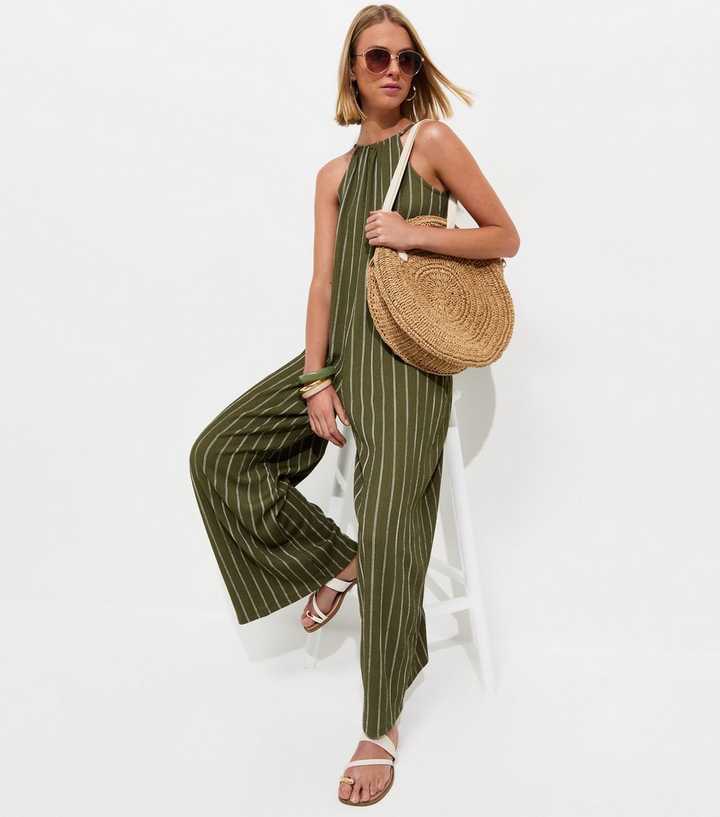Women's Green Crinkle Texture Striped Halter Neck Jumpsuit (Green)