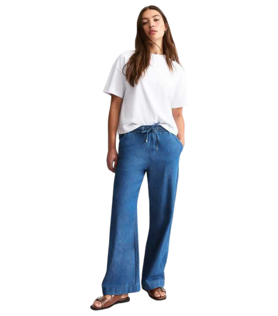 Drawstring Waist Soft Denim Trousers (Blue)