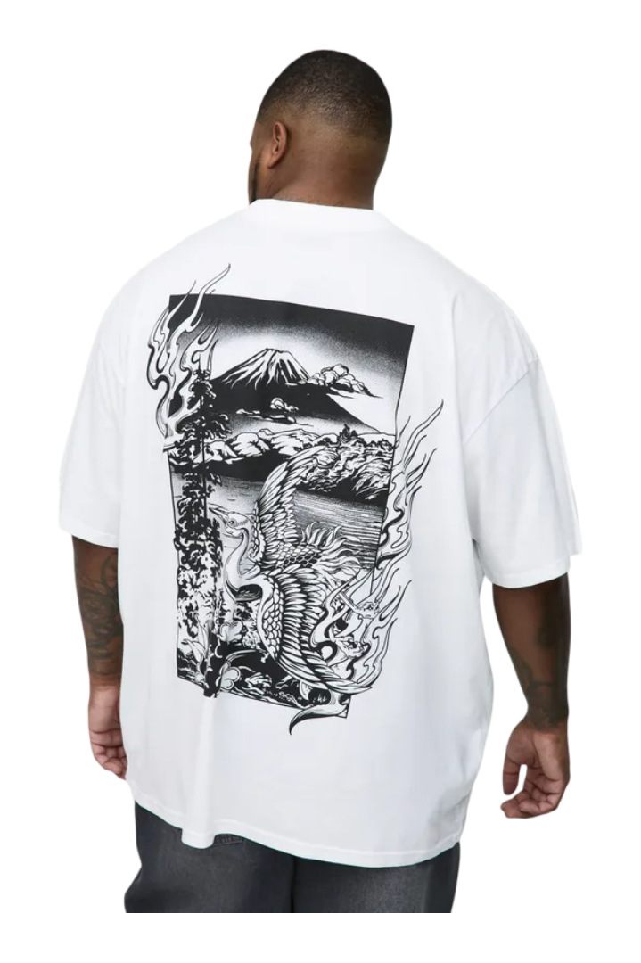 BoohooMan: Oversized Extended Neck Volcano Landscape Graphic T-Shirt (White)