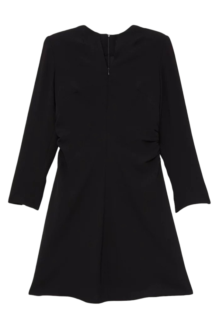Soft Tailored Ruched Waist Long Sleeve Mini Dress (Black)