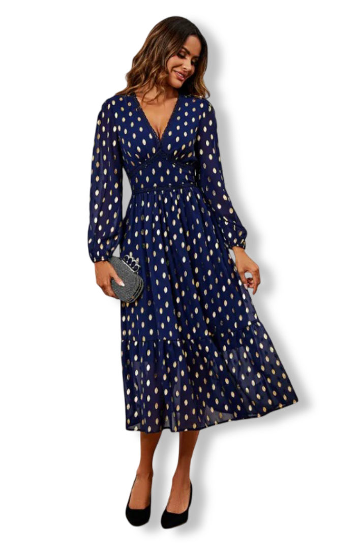 Women's Gold Foil Lace Midi Dress (Navy)