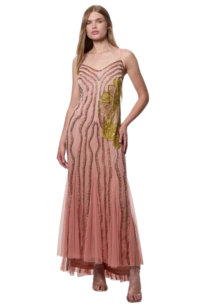 Karen Millen: Digital Ophelia Ombre Beaded Strapless Woven Maxi Dress (Blush)