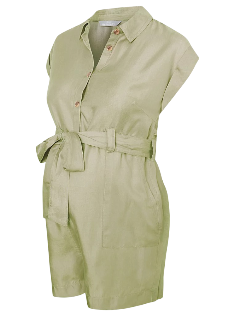Maternity Chambray Belted Shirt Playsuit (Green)