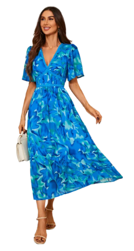 FS Collection: Abstract Floral Print Lace Detail Angel Sleeve Maxi Dress (Blue)