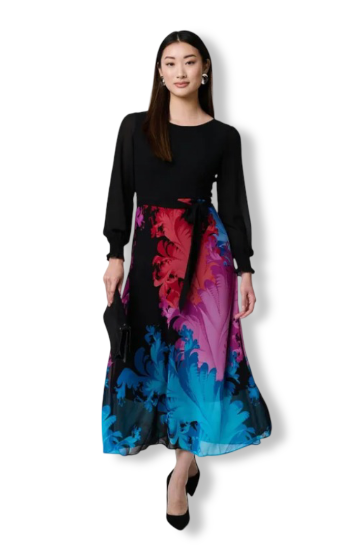 Women's Floral Print Tie Waist Midi Dress (Black)