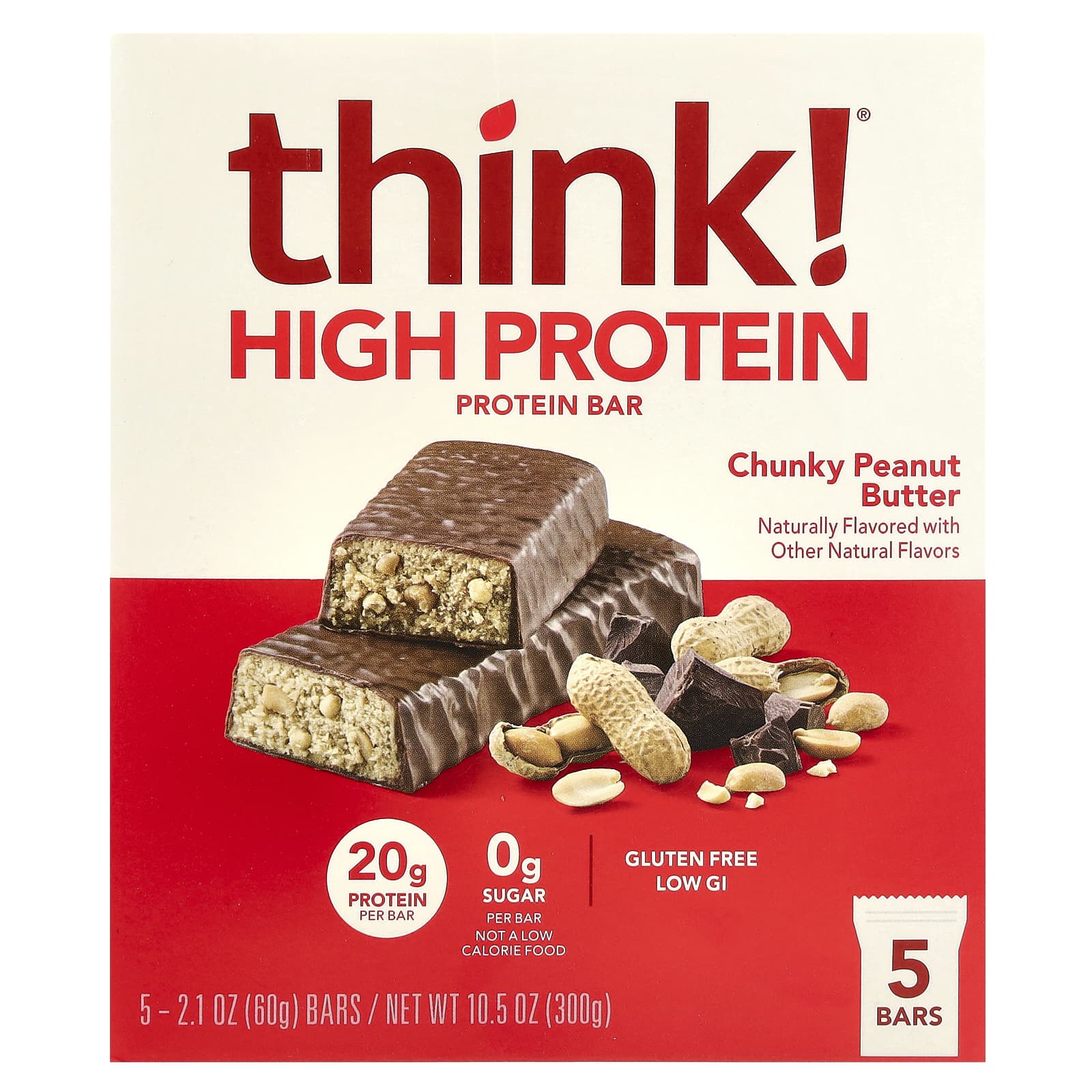 Think !: High Protein Bars, Chunky Peanut Butter (5 Bars, 60g Each)