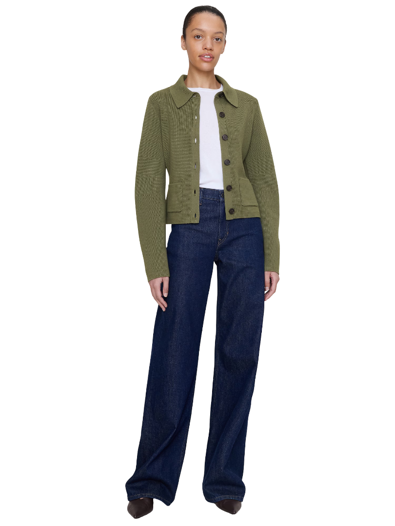 Larkspur Cotton-Silk Polo Cardigan (Fresh Olive Green)
