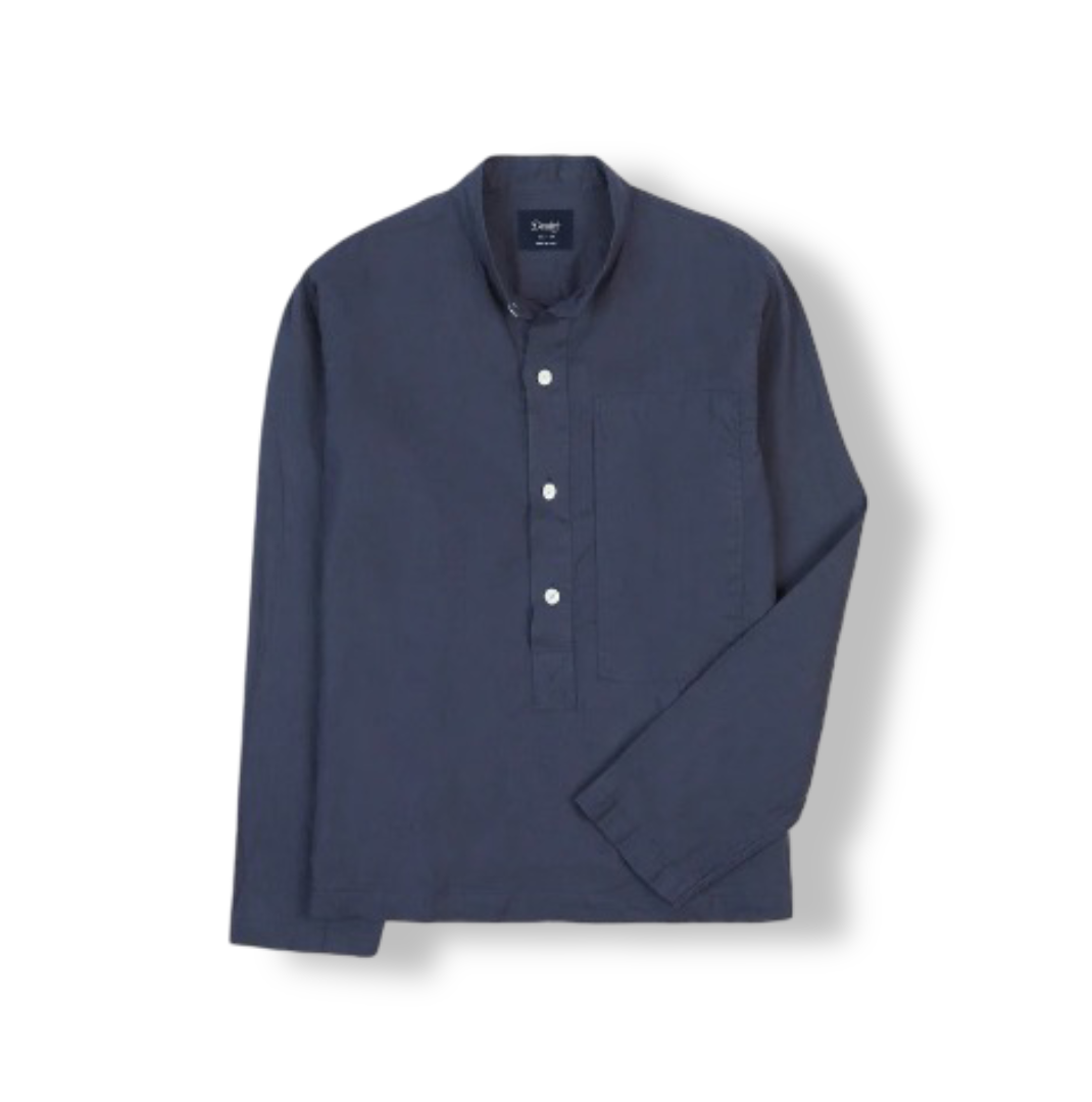 Linen Mandarin Collar Popover Shirt (Navy)