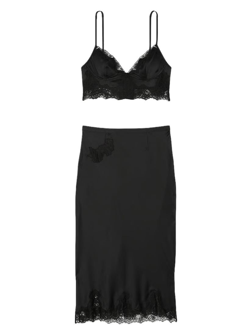 Satin Bralette and Midi Skirt Set (Black)
