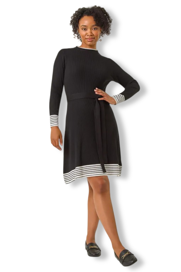 Women's Petite Stripe Knitted Midi Dress (Black)