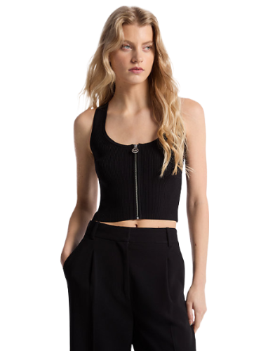 Ribbed Viscose Blend Zip-Up Tank Top (Black)