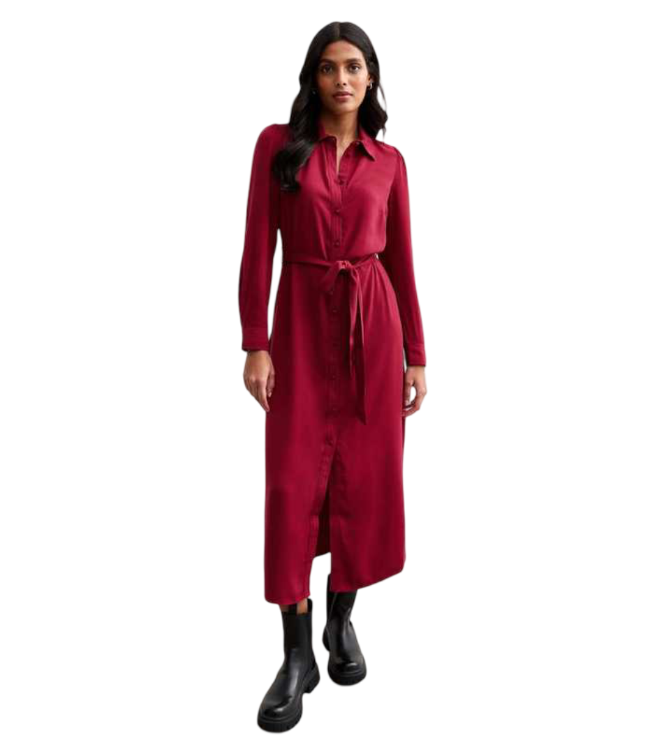 Belted Midi Shirt Dress (Burgundy)