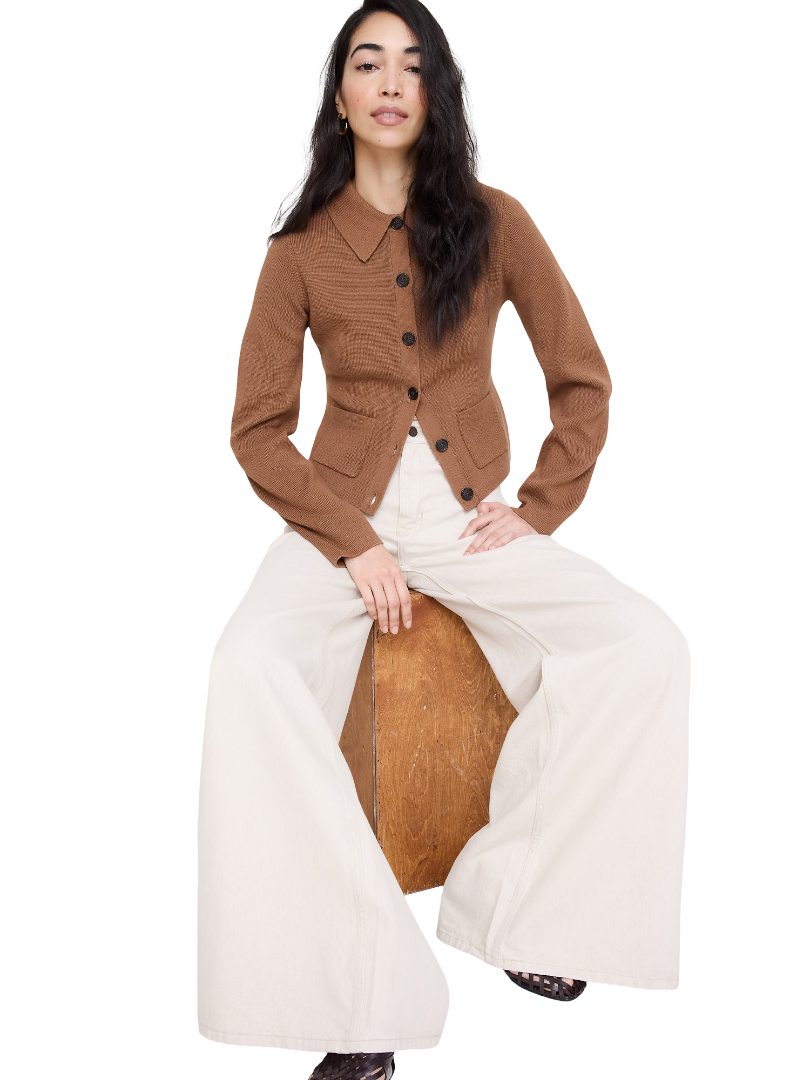 Larkspur Cotton-Silk Polo Cardigan (Cinnamon Coffee Brown)