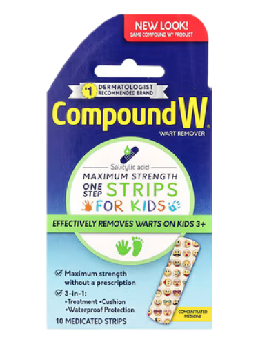 Compound W: Wart Remover, One Step Strips, Maximum Strength, For Kids, Ages 3+ (10 Medicated Strips)