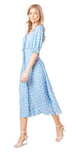 Dorothy Perkins: Spot Button Front Puff Sleeve Midi Dress (Blue)