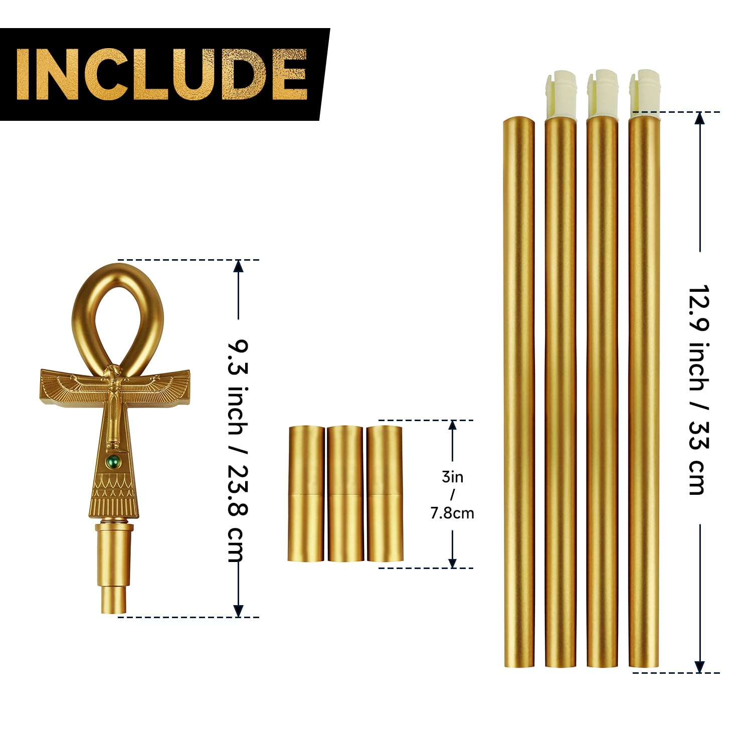Egyptian Ankh Staff, 5-Section Pharaoh Costume Prop (Gold)