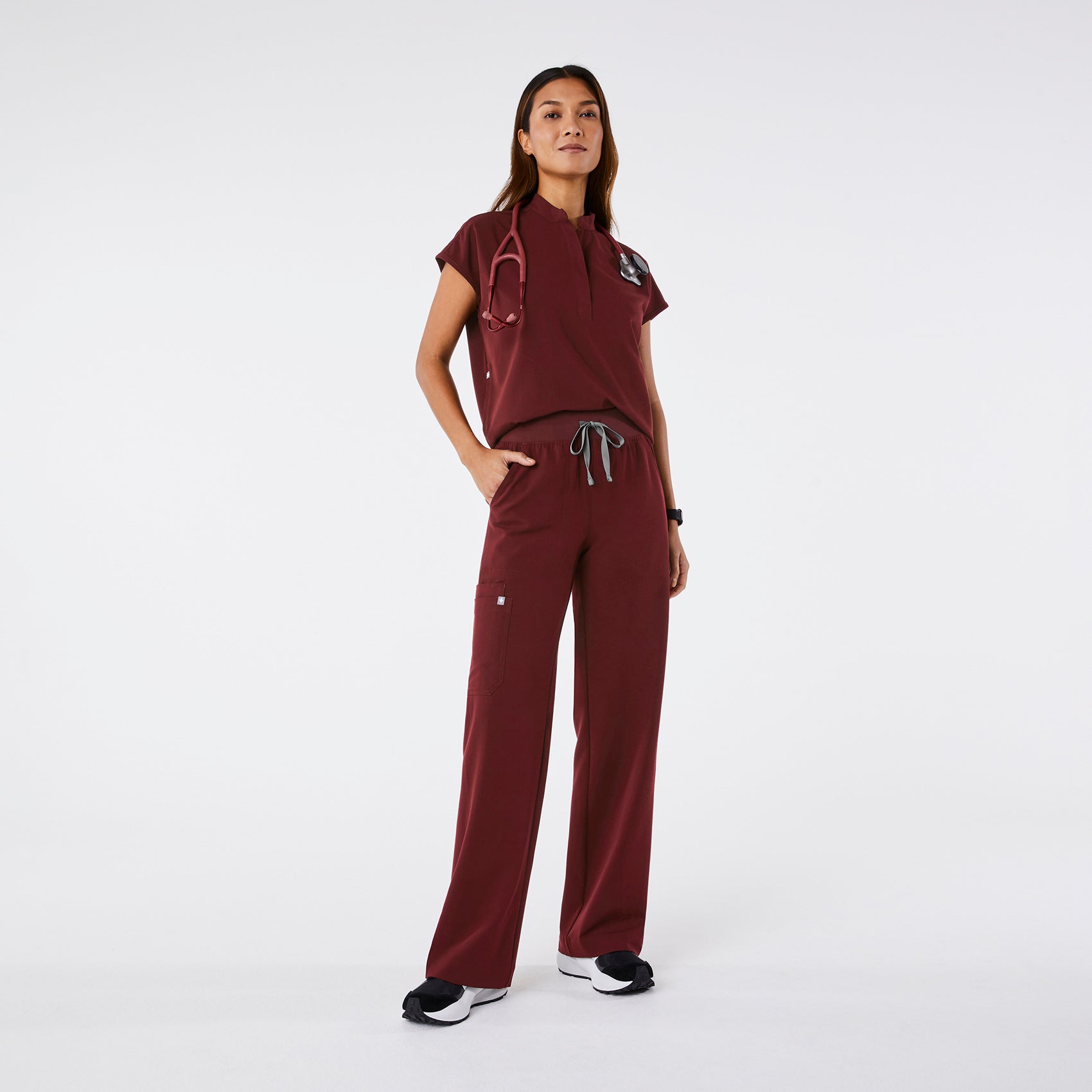 Women's Isabel High-Rise Wide-Leg Scrub Pants (Burgundy)