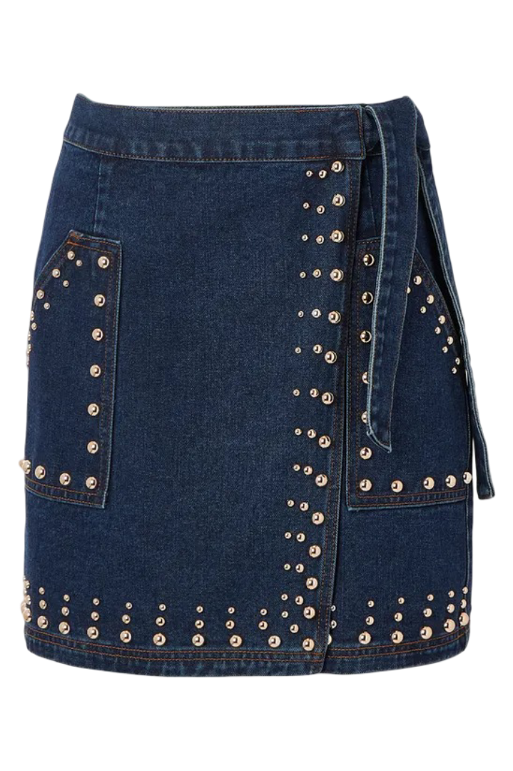 Karen Millen: Denim Studded Wrap Mini Skirt (Mid Blue)