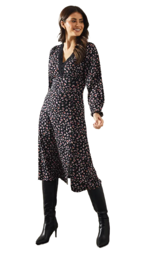Wallis: Floral Animal Print Lace Trim Jersey Midi Dress (Black)
