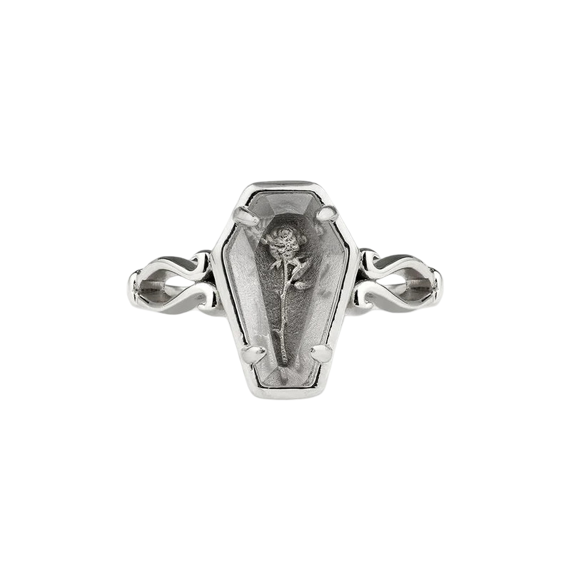 Silver Rebirth Rose Under Glass Coffin Ring