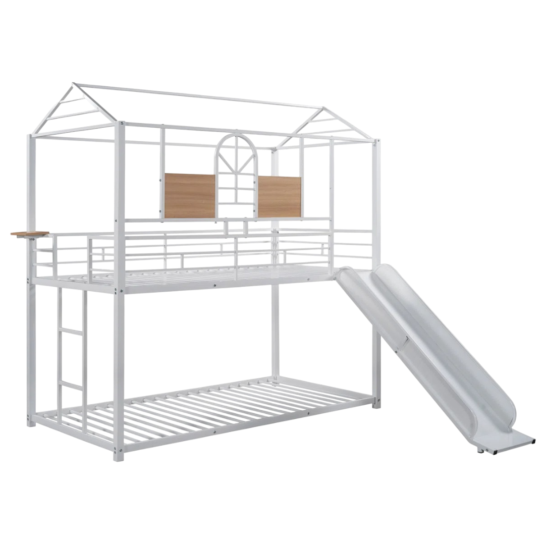 Isabelle & Max: Twin Over Twin Metal House Bunk Bed With Slide