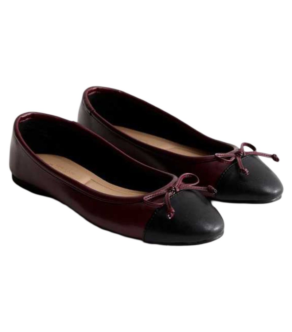 Contrast Toe Cap Ballerina Pumps (Burgundy)