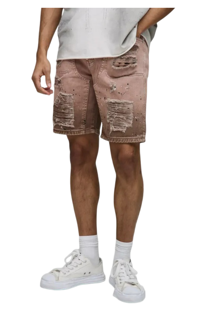 BoohooMan:  Straight Fit Ripped Carpenter Paint Splatter Denim Shorts (Khaki)
