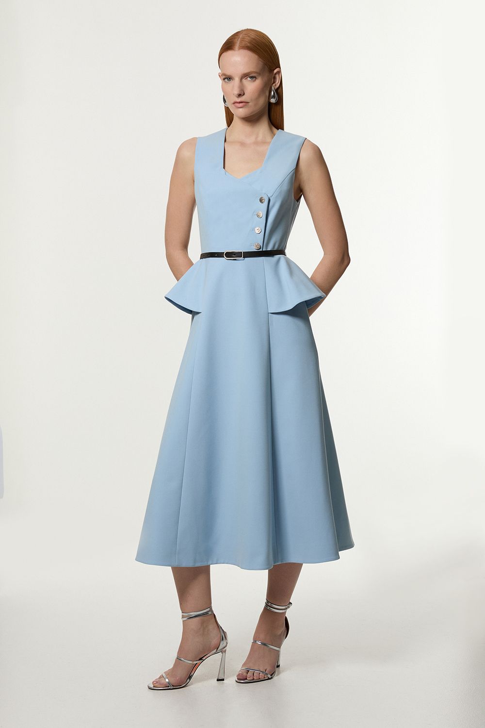 Women's Petite Compact Stretch Belted Peplum Detail Full Skirted Midi Dress