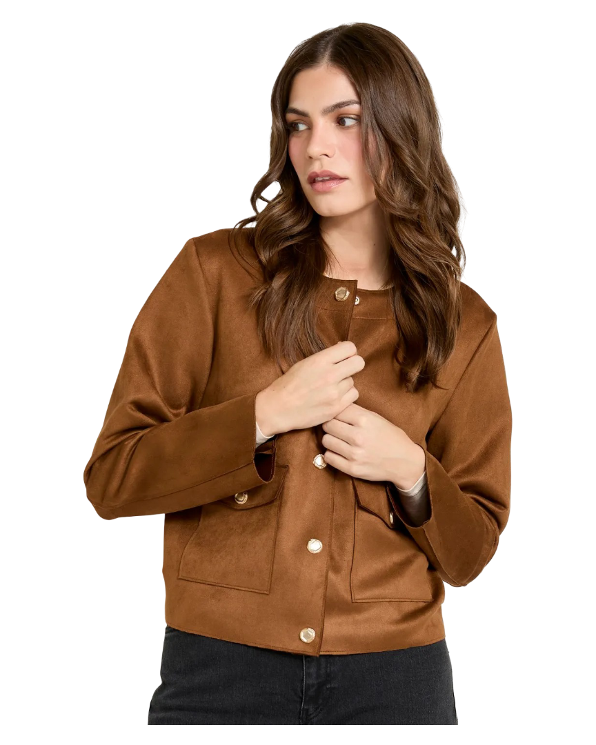 Gallery Suede Gold Button Jacket (Tan)